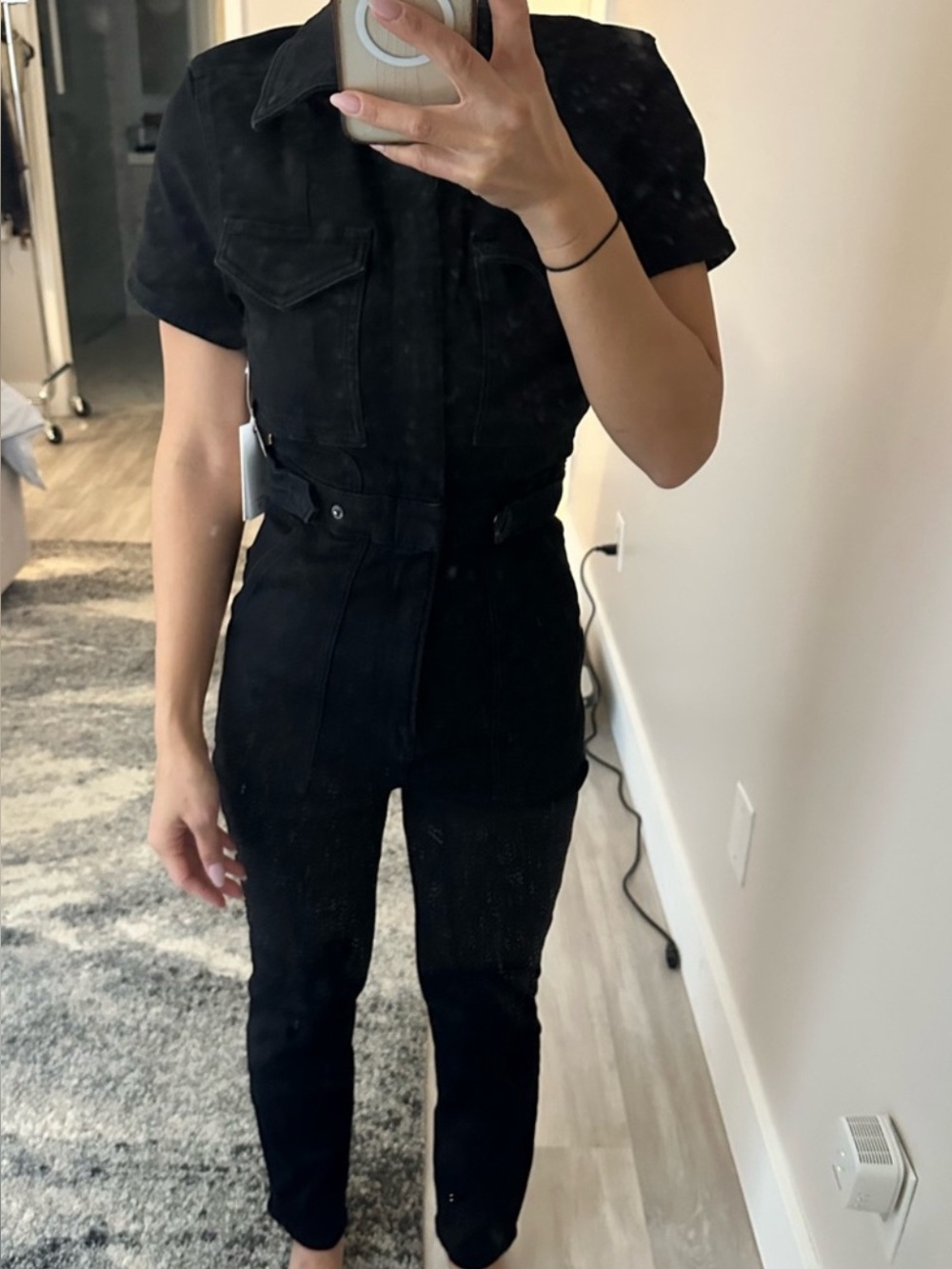 Good American Black Short-Sleeve Belted Jumpsuit